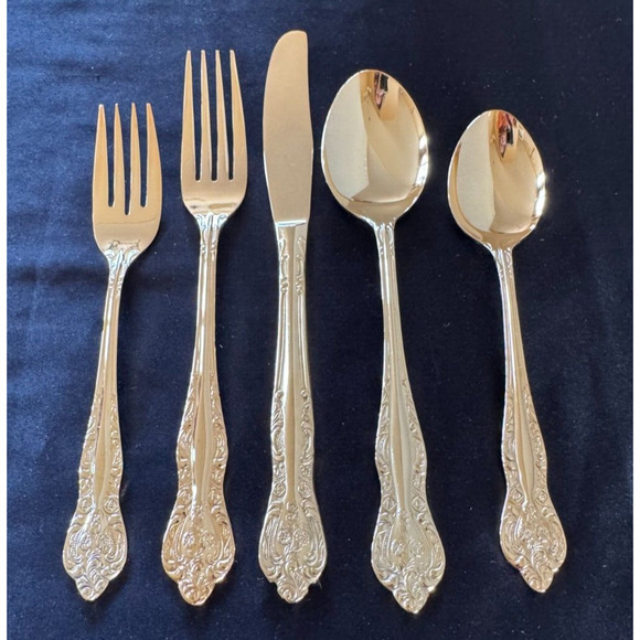 Vtg Stanley Roberts Flatware Golden Dynasty Gold Electroplate 54 PC Svc 8 MINT - Picture 1 of 14